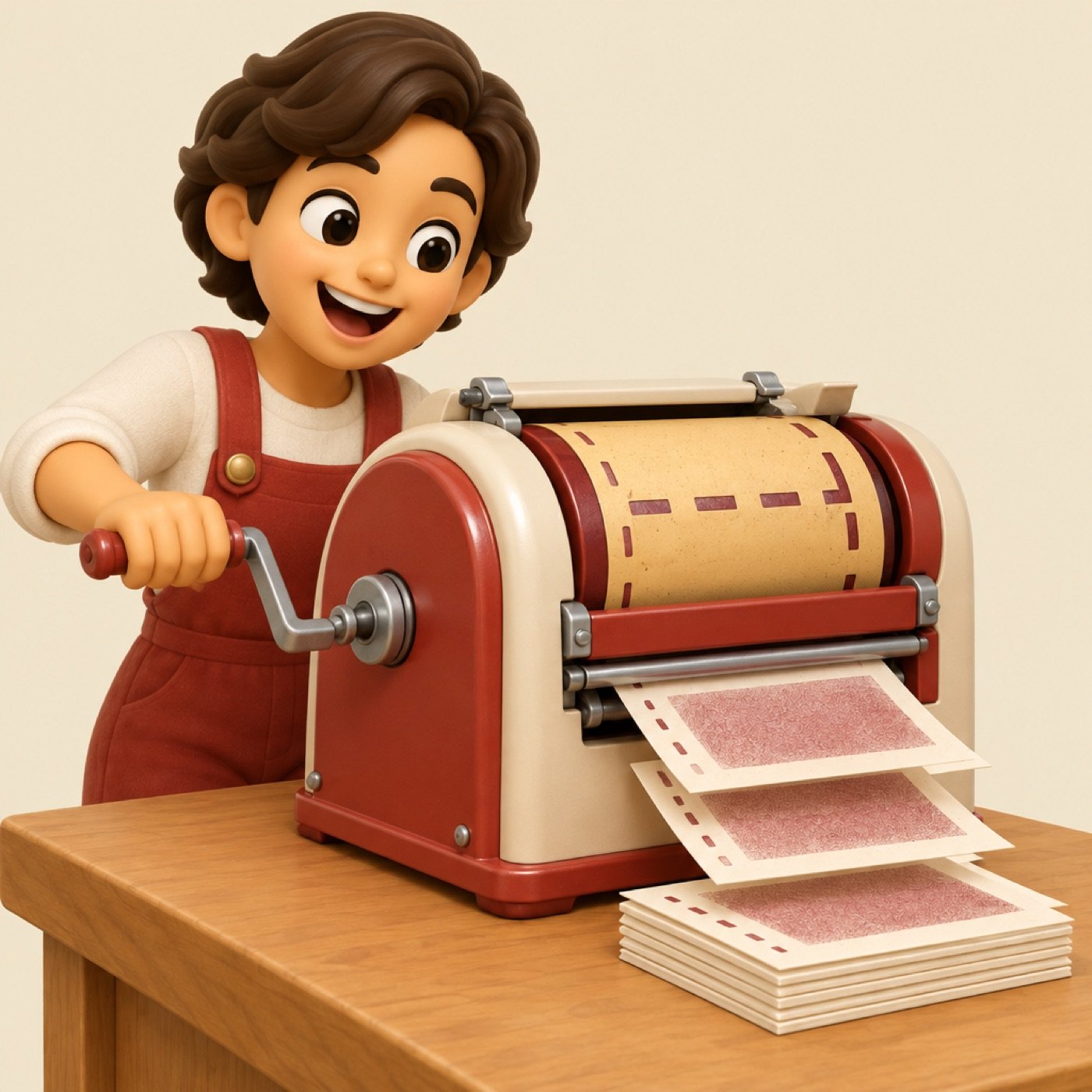 A young man turns the crank of a mimeograph and the sheets stack up.