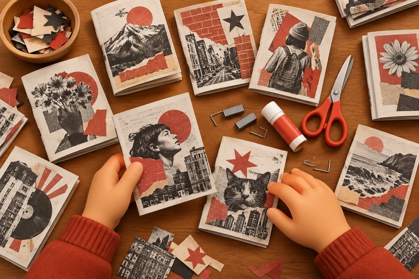 Hands arranging photocopied fanzines with collage covers on a wooden table.