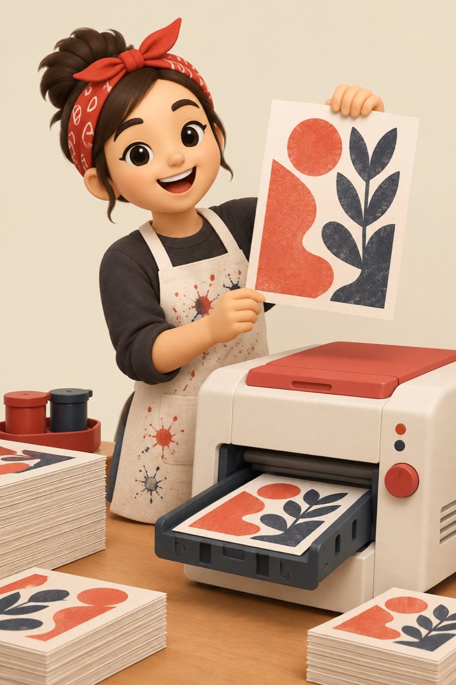 A young woman in a bandana lifts a poster fresh out of a risograph printer.