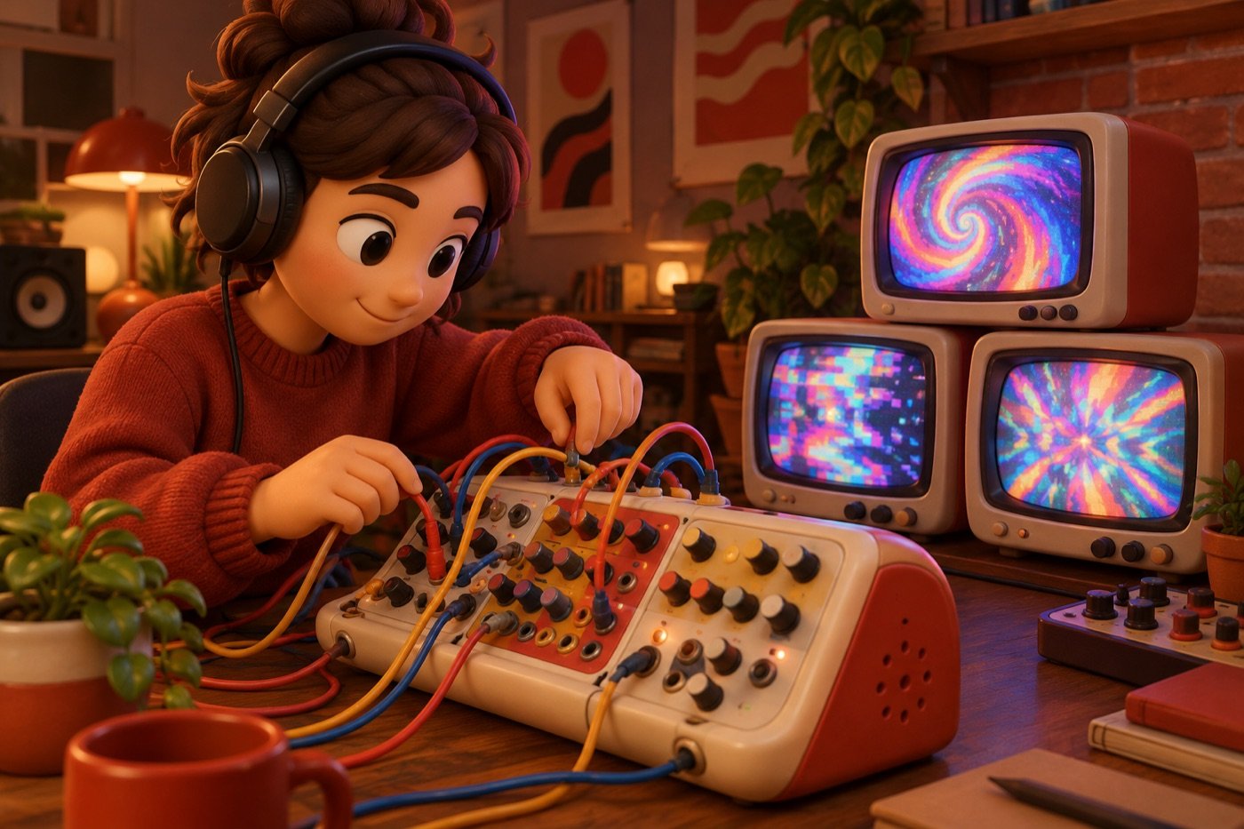 An artist with headphones patches cables into a video synthesiser beside three small colourful monitors.