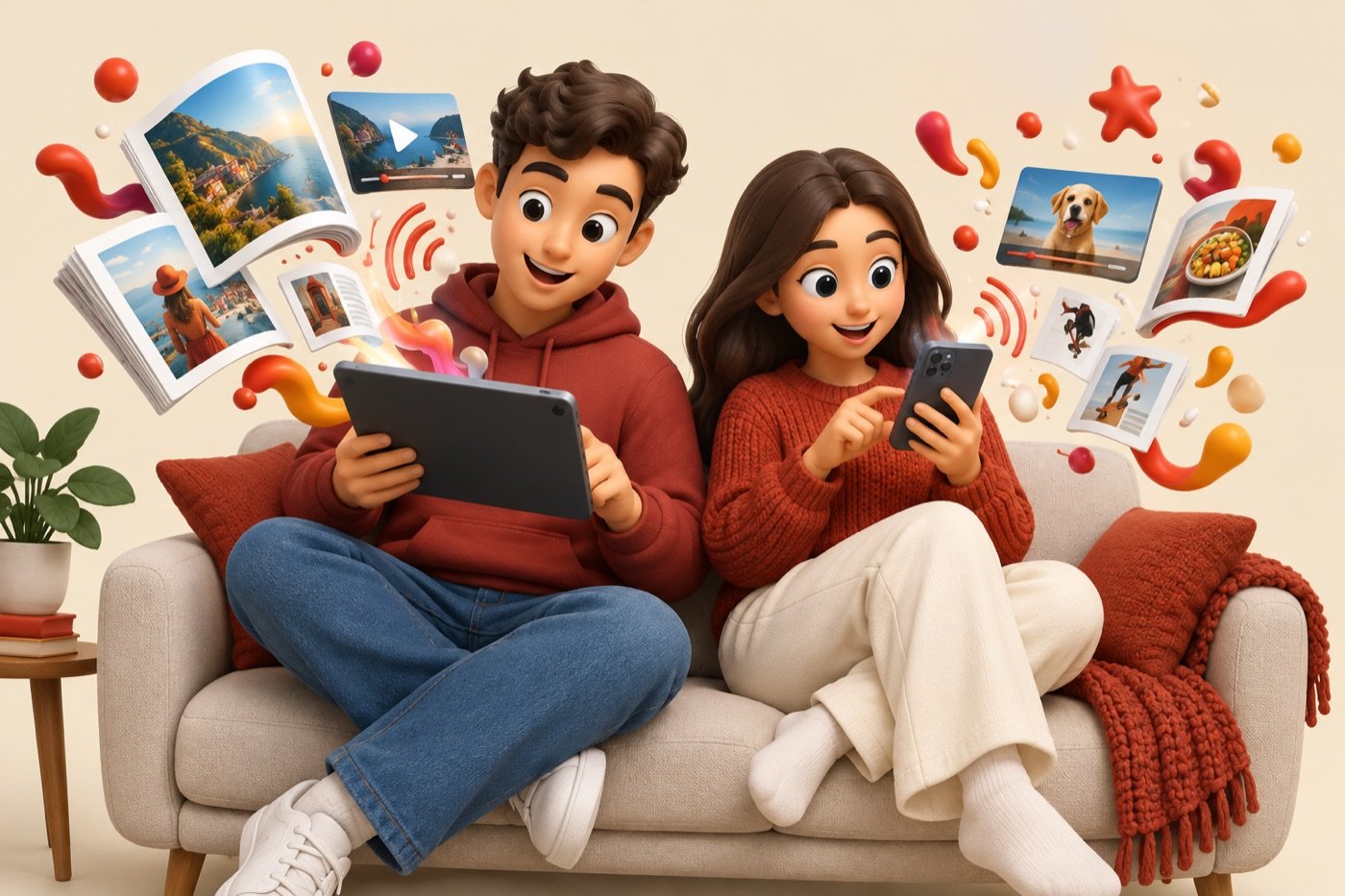 Due ragazzi sul divano leggono una rivista digitale: pagine, suoni e immagini escono dagli schermi.