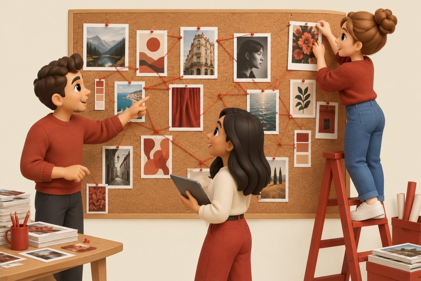 Three people pin artworks and prints on a cork board and decide the order of the pages.